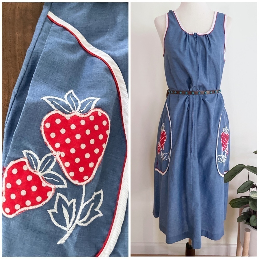 S/M Vintage 60’s 70’s USA KOMAR  leisurely living Strawberry Denim Jumper Dress 